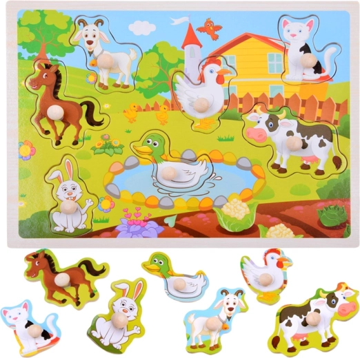 Wooden inset puzzle with farm animals – 7 pieces with knobs