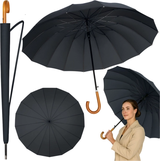 Veliki automatski kišobran s drvenom drškom, 24 rebara, 115 cm, crni