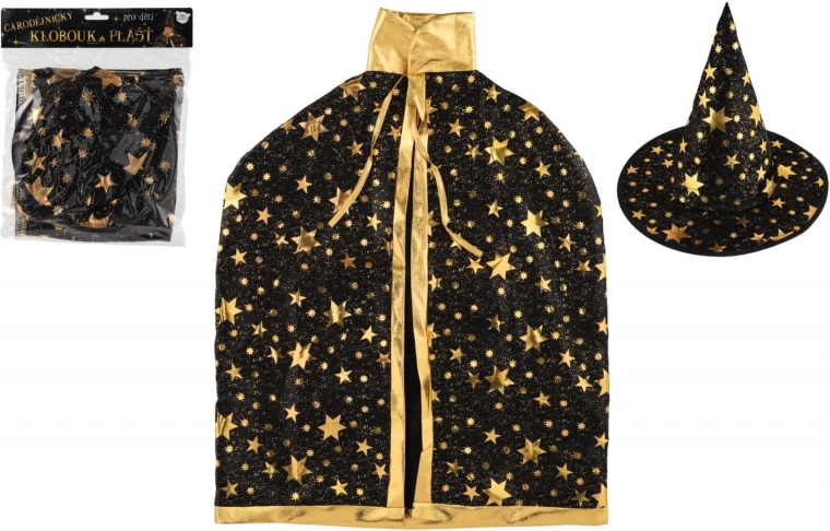 Dječji čarobnjački šešir i plašt crno‑zlatni, promjer 38 cm