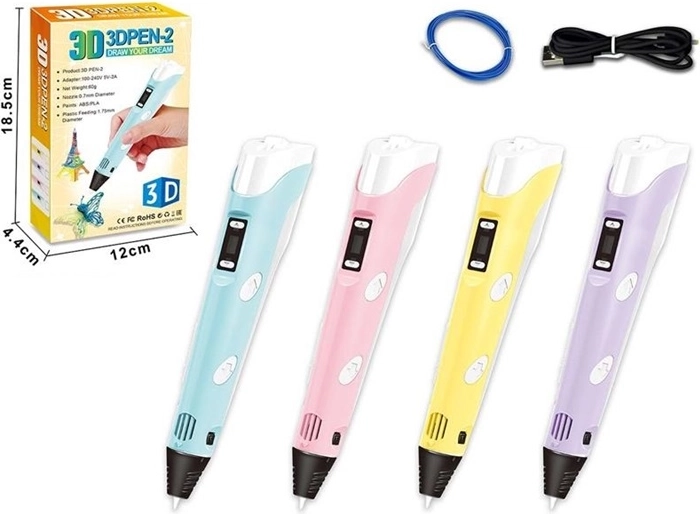 Péro 3D s filamentom i USB kabelom