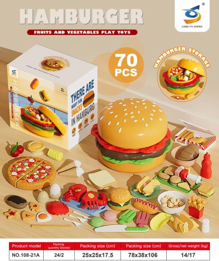 Children's fast food set in a hamburger with 70 accessories