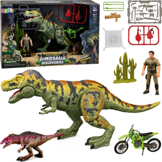 Kids dinosaur playset with sound T-Rex, hunter and motorcycle