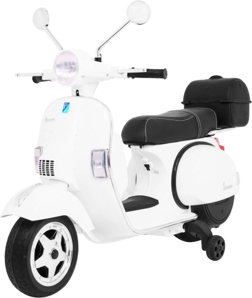 Dječji električni skuter Vespa bijeli s pomoćnim kotačićima, audiom i eko kožom