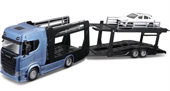Bburago Street Fire Scania 770S truck with trailer and Porsche Macan 1:43