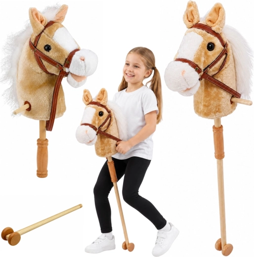 Hobby horse stick with wheels and sounds, beige 100 cm