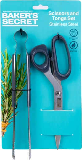 Baker's Secret stainless steel tongs and kitchen scissors set