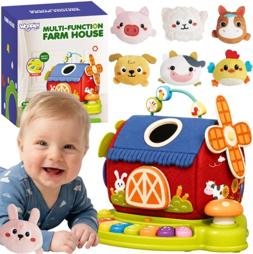 Woopie baby interactive farm – little house with shape sorter and piano + 7 plush animals