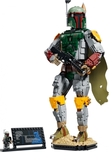 Display stand with a minifigure and an information plaque