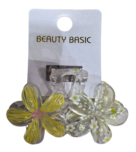 PINK transparent hair claw clip with two flowers, yellow - 1 piece