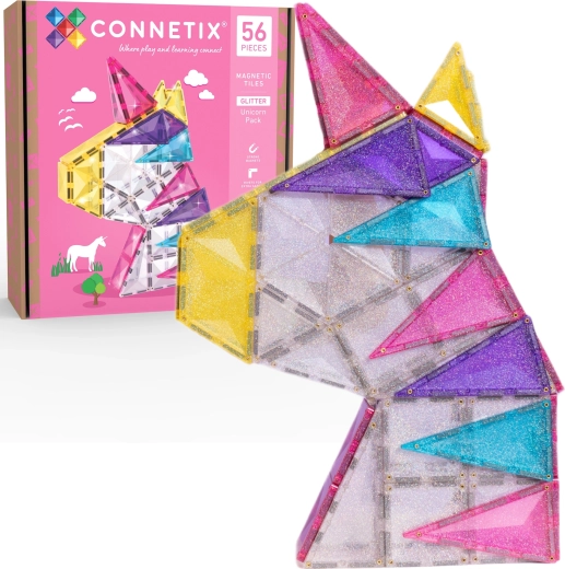 CONNETIX Sjajni set magnetskih građevnih elemenata s jednorogom, 56 dijelova