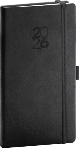 Stilski crni džepni planer s gumicom i držačem za olovku Aprint 2026