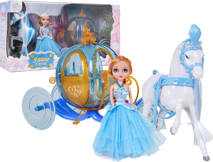Blue fairy-tale carriage with a white horse and little princess doll - 1 piece