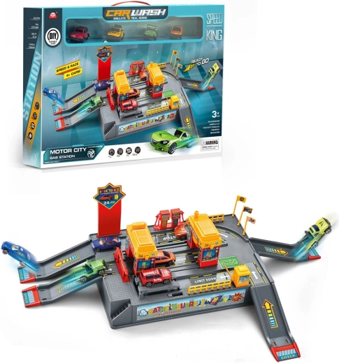 Children's parking garage with car wash and accessories