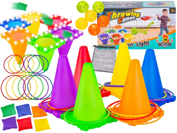 3-in-1 skill game – target throwing with LED cones, balls, beanbags and hoops