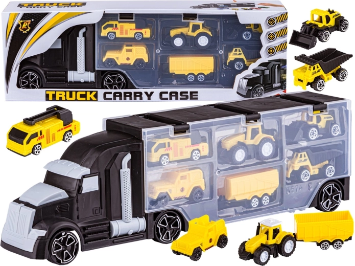 Crni kamion transporter s prikolicom na otvaranje i mini građevinskim vozilima 6 u 1