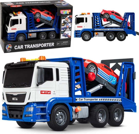 Igrački autotransporter (vučna služba) sa sportskim automobilom, svjetla i zvukovi, plavo-bijeli - 1 komad