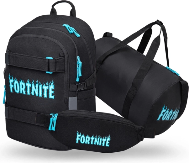 Baagl set Fortnite plavi – školski ruksak Skate, sportska torba Hoop i torbica oko struka Snap