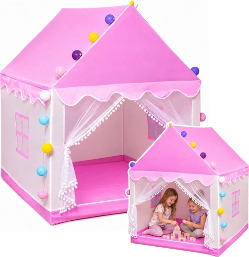 Children’s house-shaped tent with LED fairy lights for the room, pink