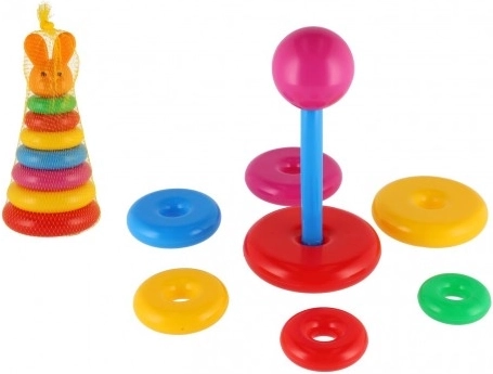 Plastična slagalica piramida s obojenim kolutovima 24 cm, u mrežici, od 12 mjeseci