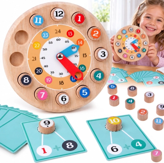 Drveni edukativni sat 2u1 s matematičkim zadacima