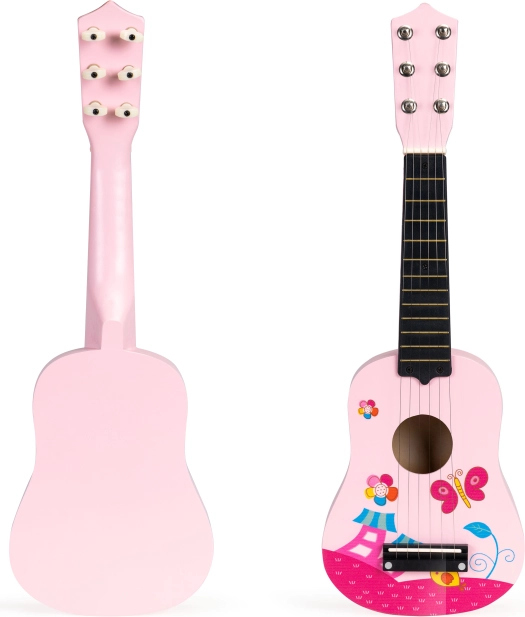 Dječja roza drvena gitara s metalnim žicama ECOTOYS