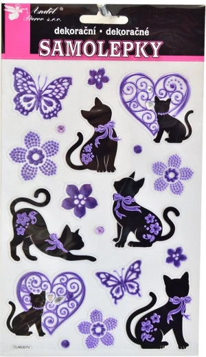 Naljepnice mačke crno‑ljubičaste s ukrasnim kamenčićima (list 14 × 21 cm)