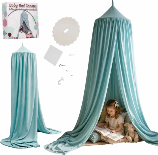 Kids hanging canopy over bed, boho blue