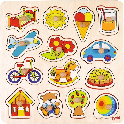 Wooden lift-out puzzle with handles – rocking horse, ball and more - 1 piece