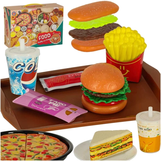 Kids' plastic pretend food set – pizza, desserts and drinks (56 pieces)