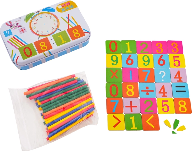Magnetic set for learning the time and basic math in a metal tin