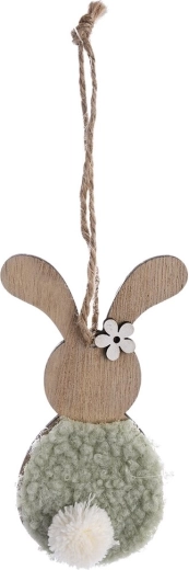 Hanging wooden and plush bunny, brown-green, 11 cm