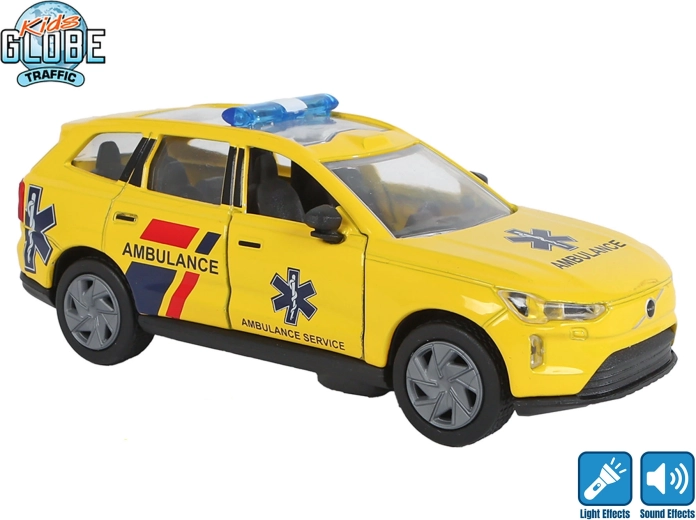Kids Globe Traffic metalna ambulantna kola Volvo EX90 s povratnim pogonom, svjetlom i zvukom 13,5 cm