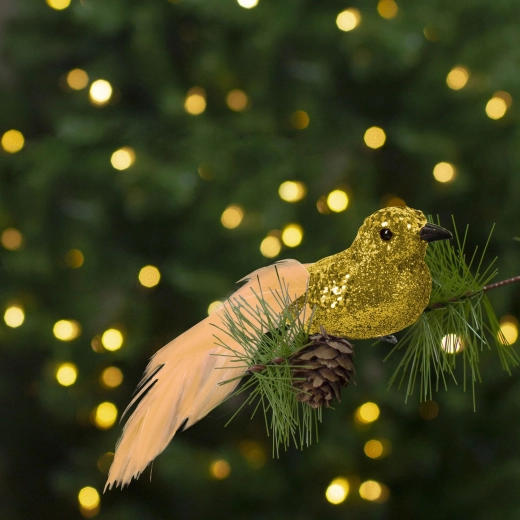 Christmas decoration with clip, glittery golden bird – 2 pieces