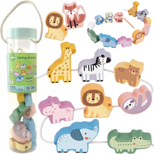 Drvena nizalica životinjice ZOO WOOPIE GREEN, montessori, 13 dijelova