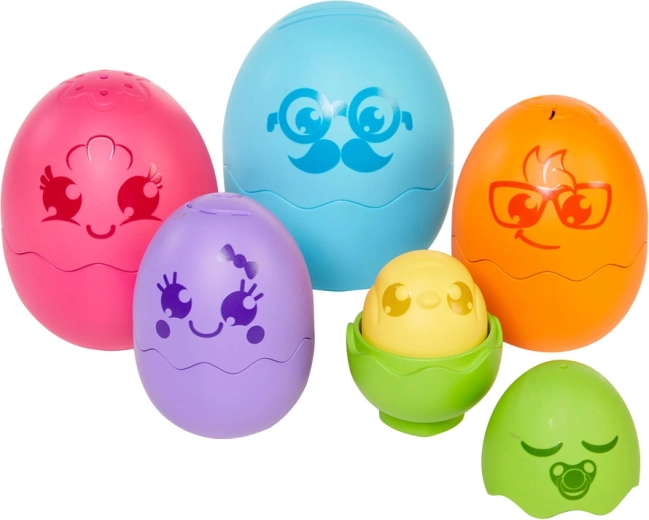 Five cheerful characters and a squeaking chick