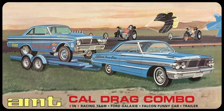 AMT plastični model 3 u 1 Cal Drag Combo 1964 Galaxie, AWB Falcon i prikolica 1:25 - 1 komad