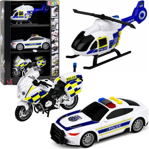 Set policijskih vozila s helikopterom, automobilom i motociklom sa svjetlima i zvukovima 1:32