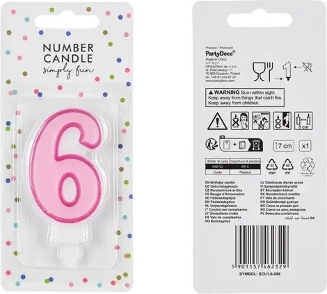 Pink number 6 birthday candle, 7 cm