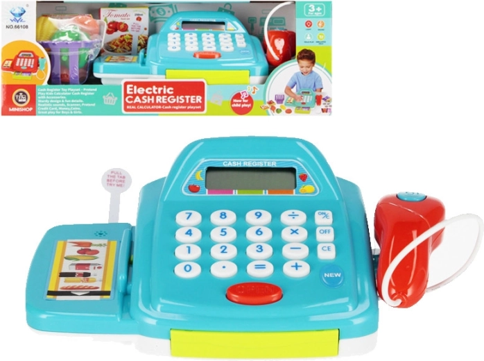 Blue electric kids’ cash register with accessories