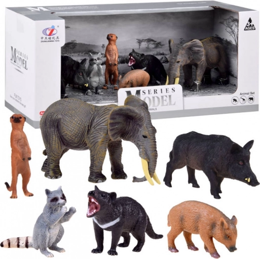 Animal Figures Set Elephant Raccoon Meerkat 6 Pieces – B