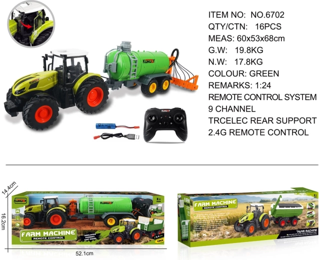 Traktor na daljinsko upravljanje sa zelenom cisternom i skupljačem sijena 1:24