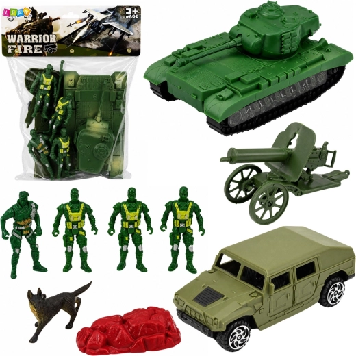 Military set with tank, jeep, cannon and soldiers, 13 pcs