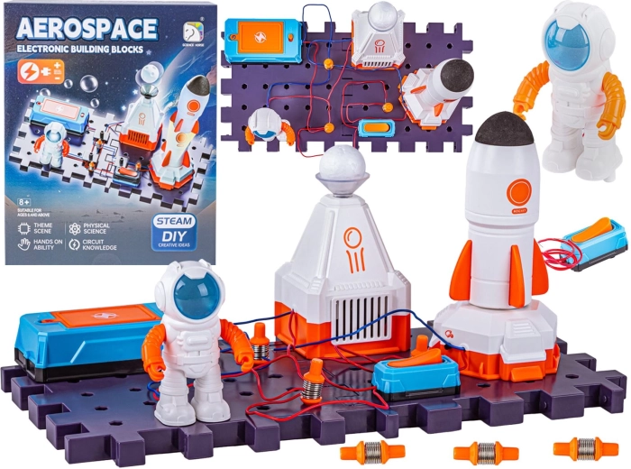 Znanstveni eksperimentalni set – svemirska raketa, astronaut i elektronički krug