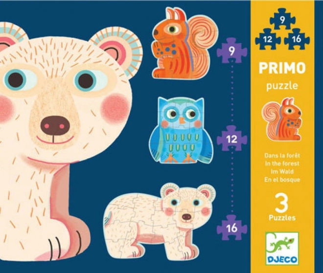 DJECO puzzle U šumi 3u1 – obrisne životinjice za djecu (9, 12, 16 dijelova)