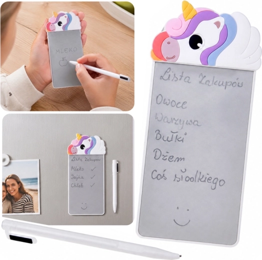 Magnetic fridge notepad with unicorn and writing stylus