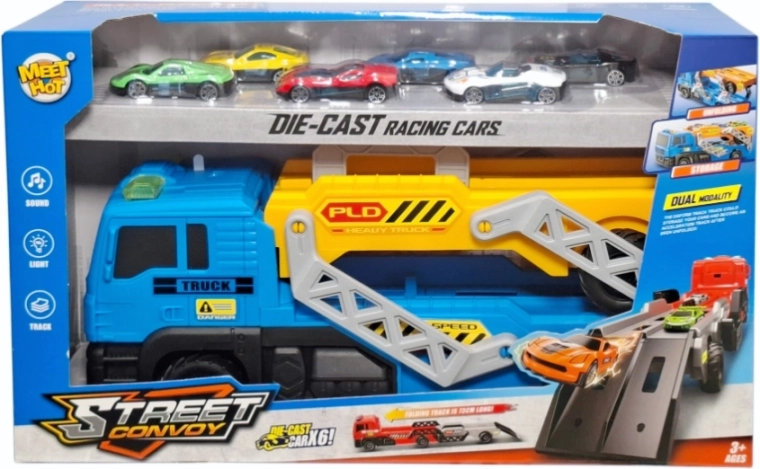 Car carrier truck with a ramp and 6 racing cars