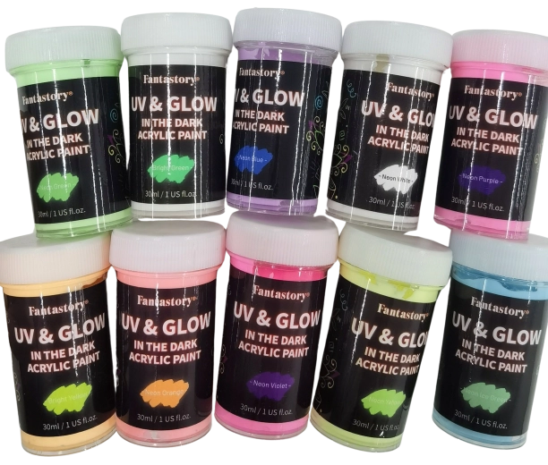 Glow-in-the-dark acrylic paints – set of 10 colors