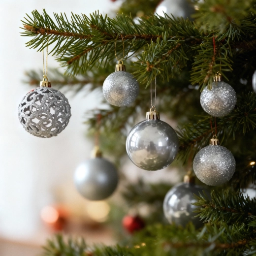 Set of Silver Christmas Ornaments with Tree Topper, 101 Pieces