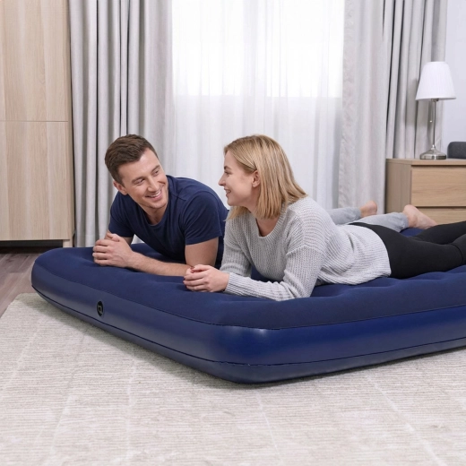 Double inflatable air mattress with velour surface, blue, 203 × 152 × 22 cm