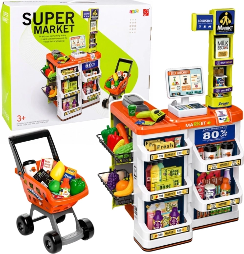 Dječji supermarket s blagajnom, skenerom i kolicima za kupnju (cca 60 dijelova)